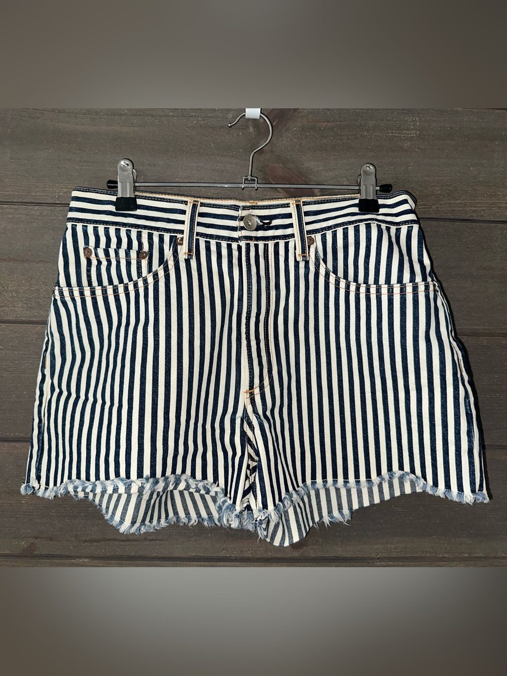 rag & bone Striped High-Rise Denim Shorts - Navy & White